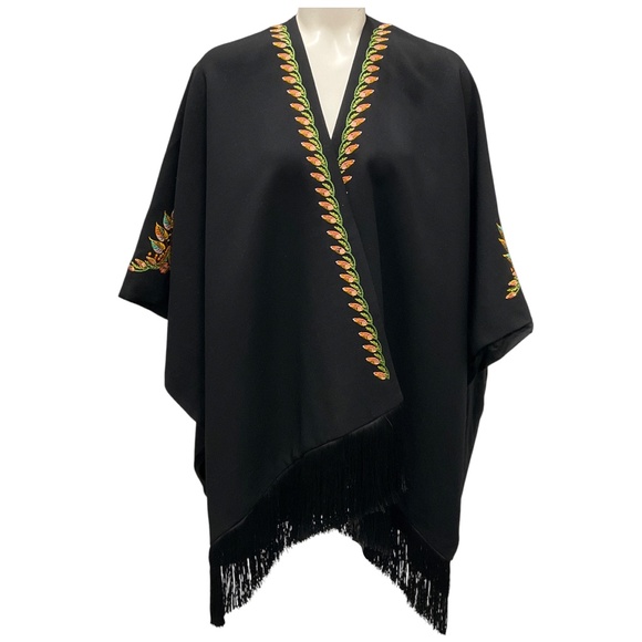 ETRO BLACK MULTI 2023 EMBROIDERED FRINGE HEM WOOL CREPE CAPE - Picture 1 of 6